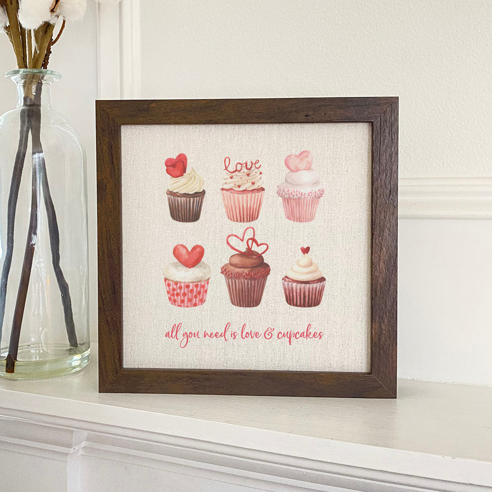 Love and Cupcakes framed sign with a rustic wood frame and linen-style background, perfect for home decor.