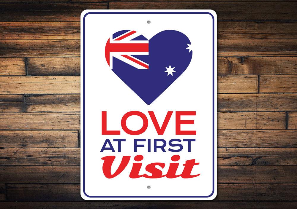 Customizable Love at First Visit Sign made of high-quality aluminum, featuring a charming design suitable for home decor.