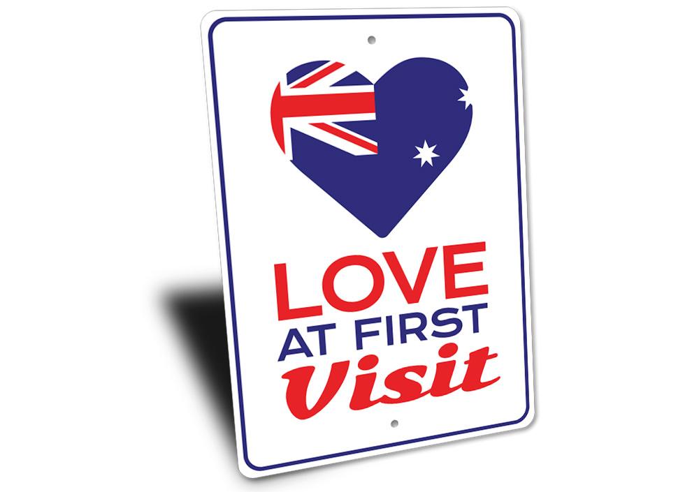 Customizable Love at First Visit Sign made of high-quality aluminum, featuring a charming design suitable for home decor.