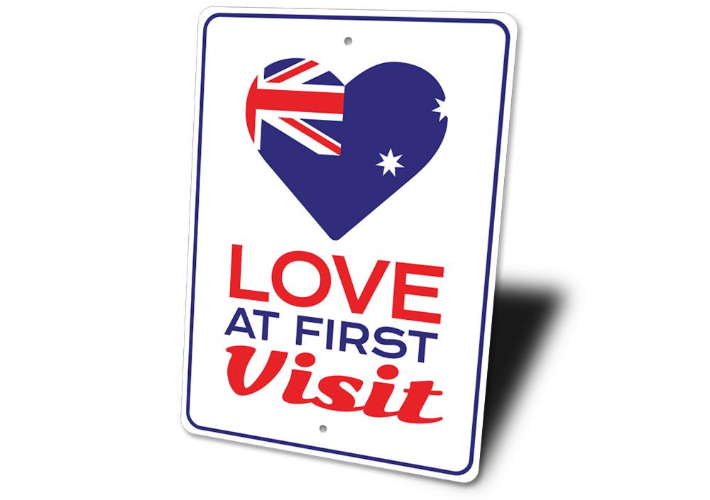 Customizable Love at First Visit Sign made of high-quality aluminum, featuring a charming design suitable for home decor.