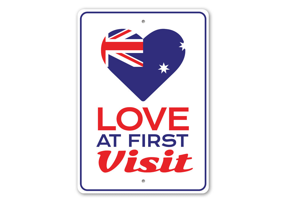 Customizable Love at First Visit Sign made of high-quality aluminum, featuring a charming design suitable for home decor.