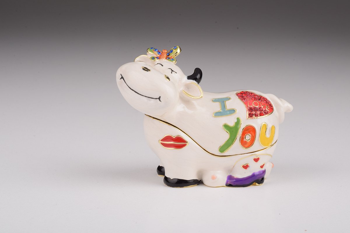 Handcrafted Love Cow trinket box with Austrian crystals and gold plating, elegantly designed for decorative storage.