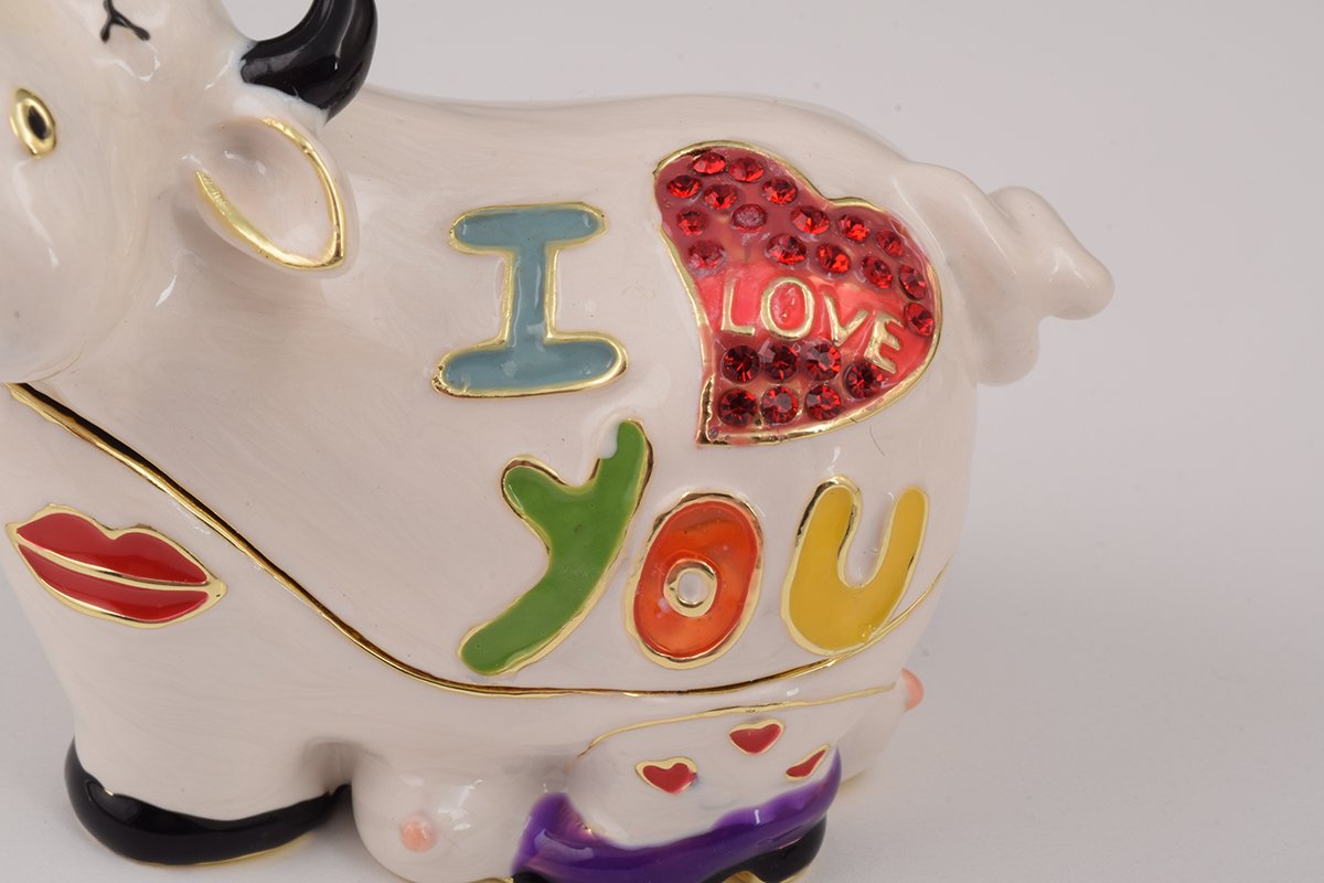 Handcrafted Love Cow trinket box with Austrian crystals and gold plating, elegantly designed for decorative storage.