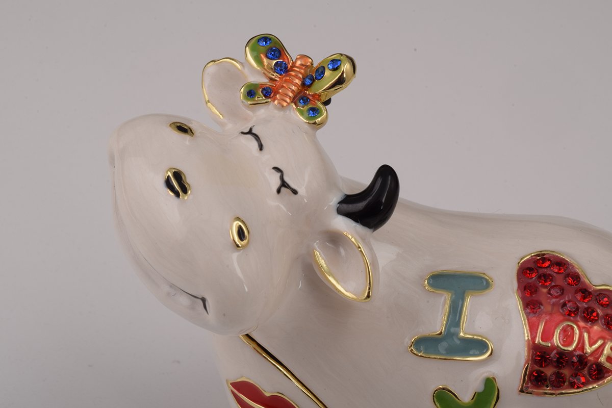 Handcrafted Love Cow trinket box with Austrian crystals and gold plating, elegantly designed for decorative storage.