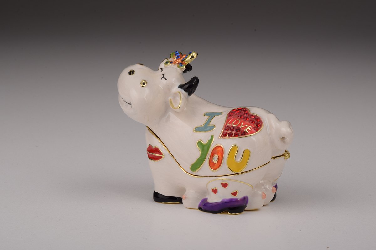 Handcrafted Love Cow trinket box with Austrian crystals and gold plating, elegantly designed for decorative storage.