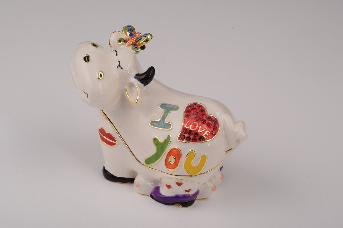 Handcrafted Love Cow trinket box with Austrian crystals and gold plating, elegantly designed for decorative storage.