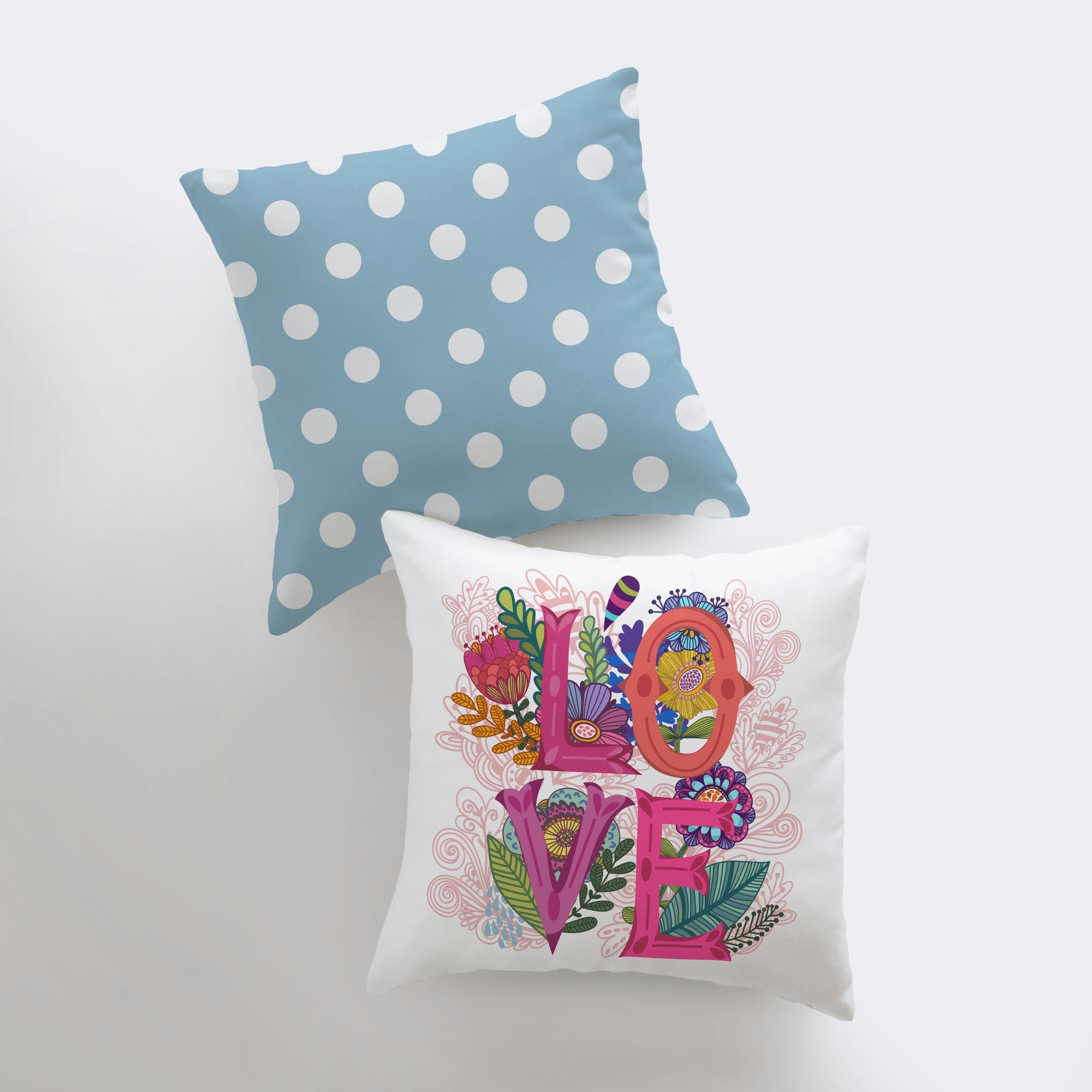 Love Floral Blue Polkadots Pillow Cover featuring floral design with 'LOVE' text on the front and soft blue polka dots on the reverse.