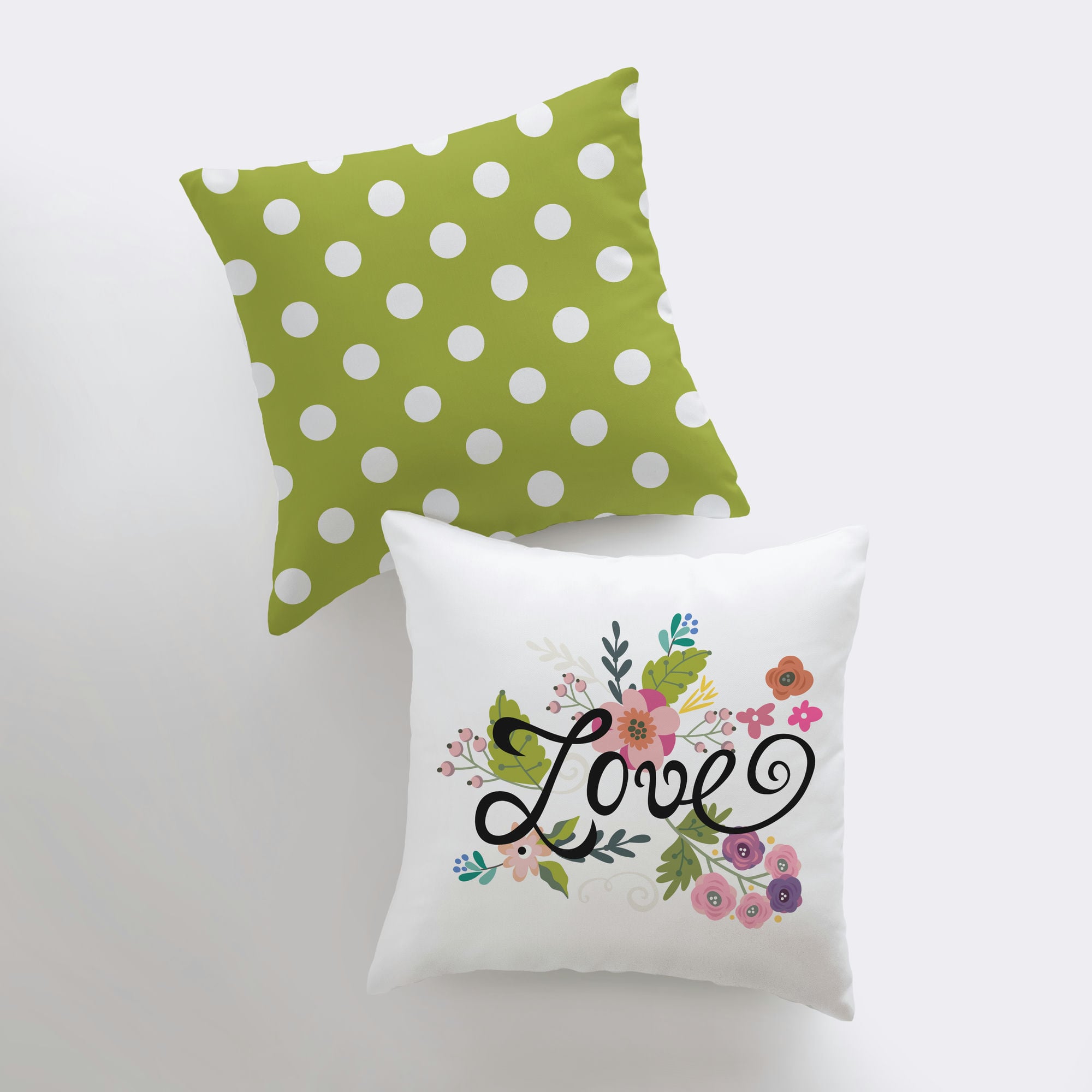 Love Floral Green Polkadot Pillow Cover featuring floral design and polka dot reverse, perfect for home decor.