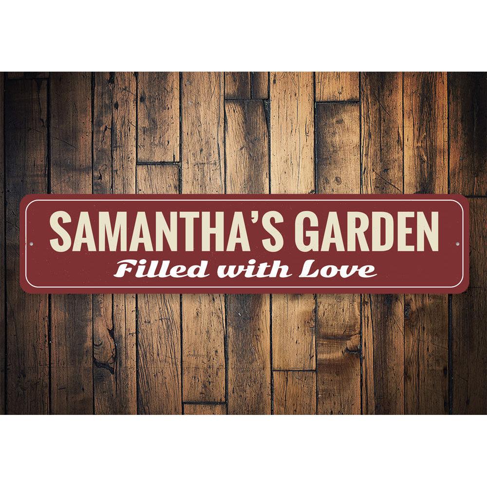 A beautiful Love Garden Sign made of high-quality aluminum, featuring customizable text and a charming design, perfect for home or garden decor.