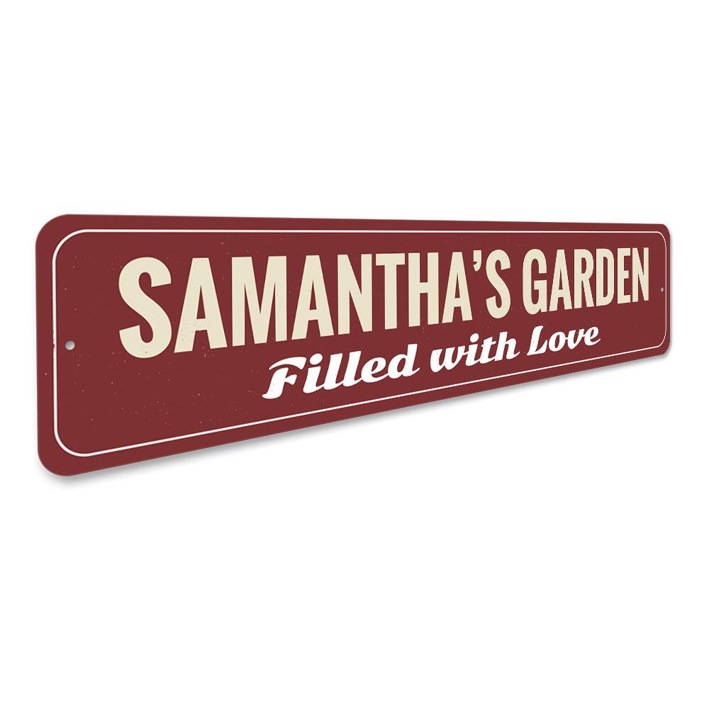 A beautiful Love Garden Sign made of high-quality aluminum, featuring customizable text and a charming design, perfect for home or garden decor.