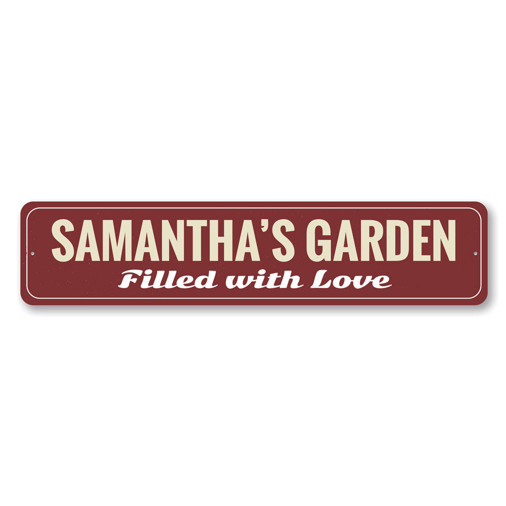 A beautiful Love Garden Sign made of high-quality aluminum, featuring customizable text and a charming design, perfect for home or garden decor.