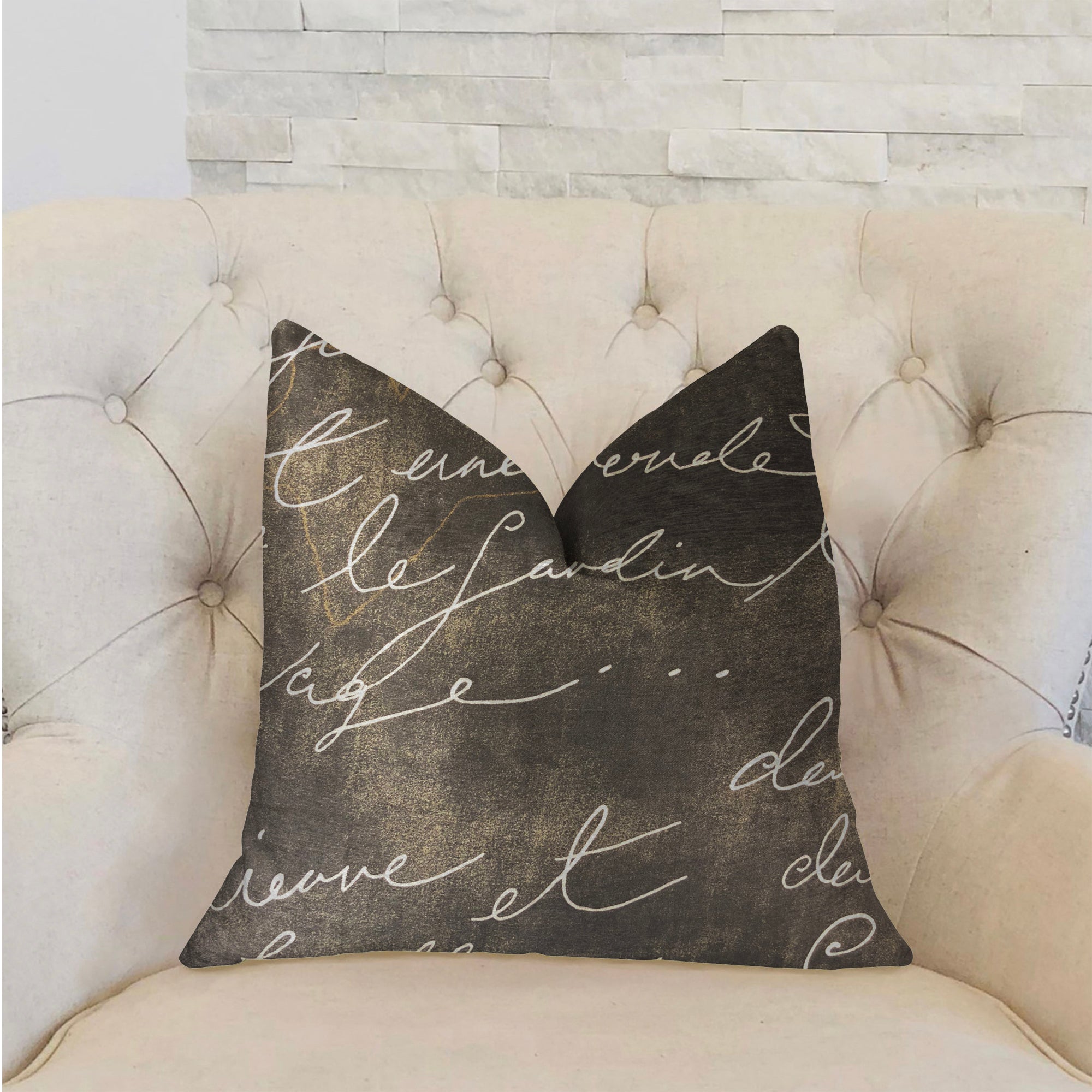 Love Script Black Luxury Throw Pillow featuring elegant script design on a black cotton fabric, showcasing a double-sided style and invisible zipper.