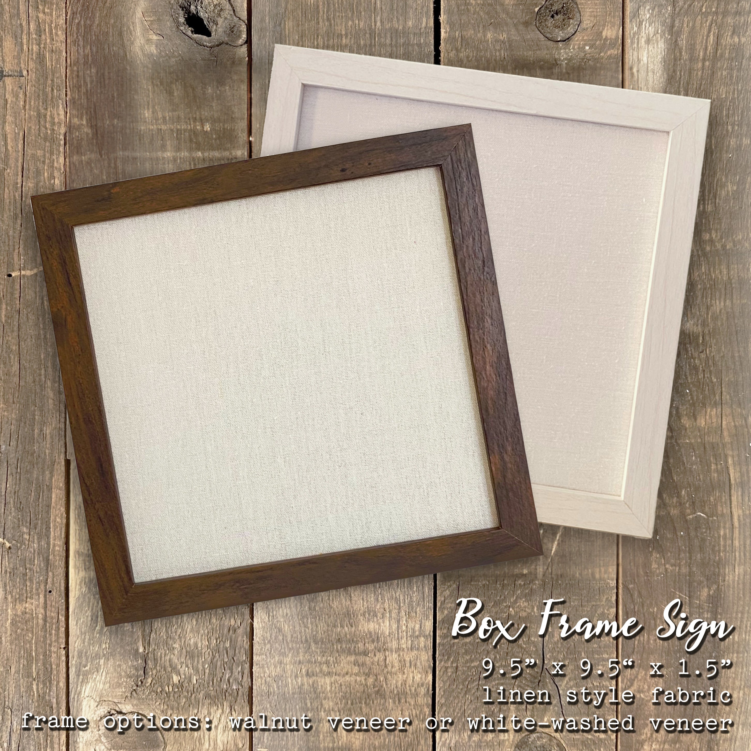 Love Stencil - Framed Sign with a natural linen background and wooden frame options in walnut and white-washed finishes.