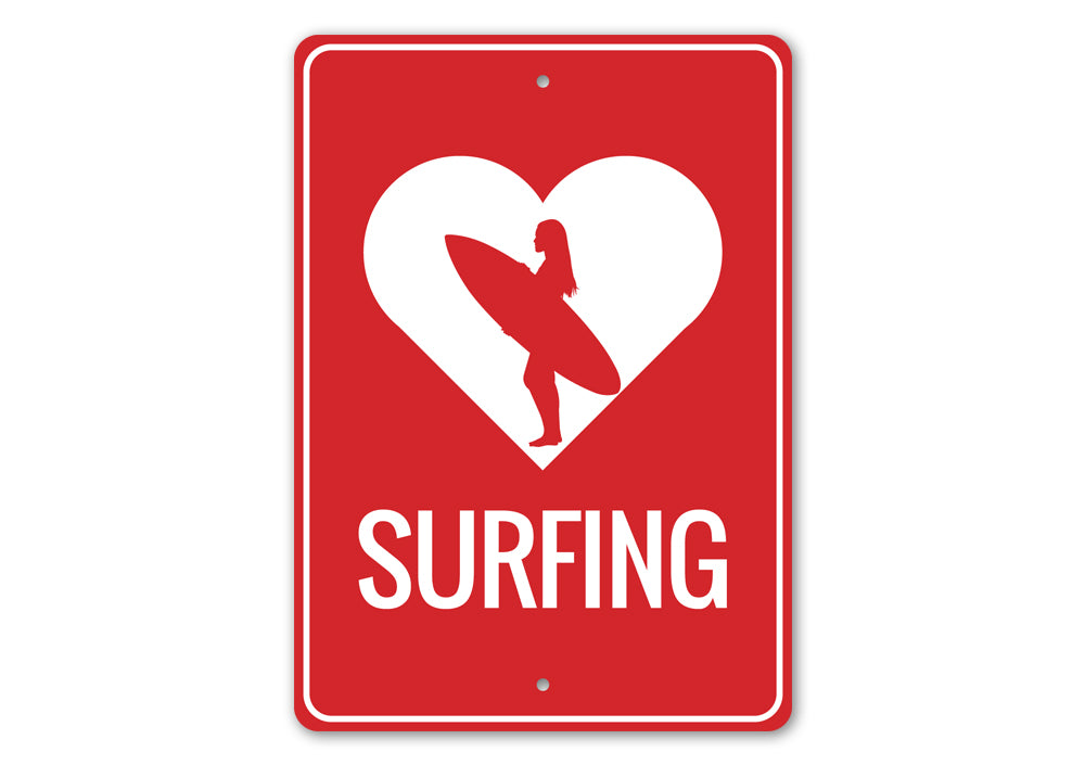 A decorative Love Surfing Sign made of aluminum, featuring vibrant colors and a beach-themed design, perfect for coastal decor.