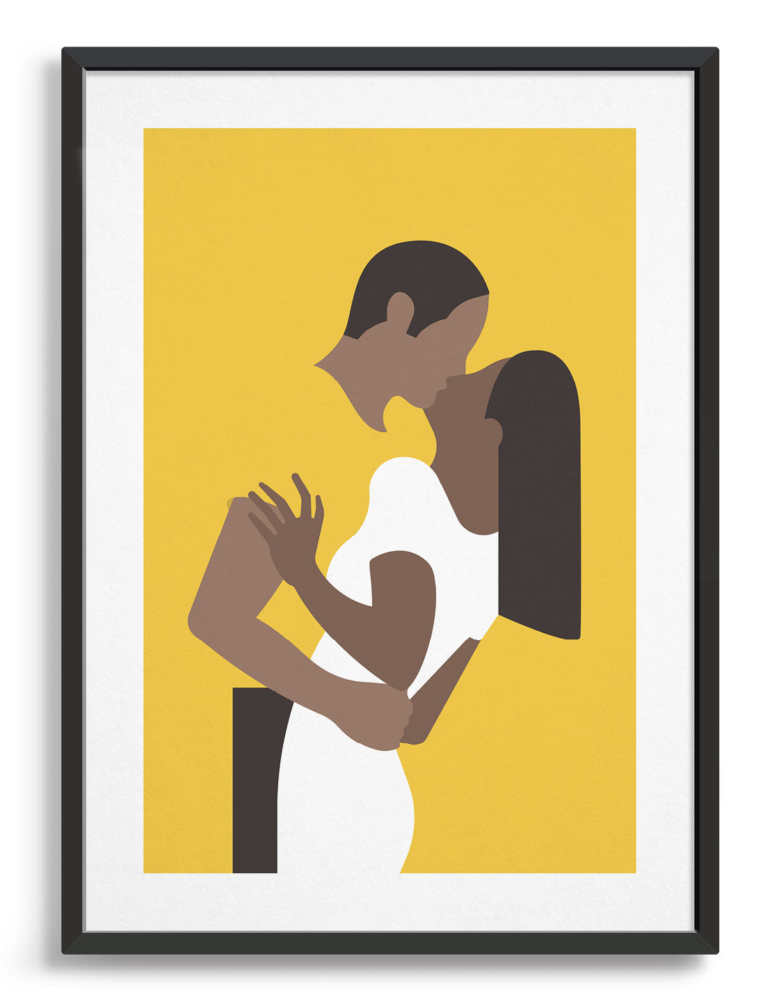 Minimalistic print of a kissing couple in white and yellow, perfect for home decor.