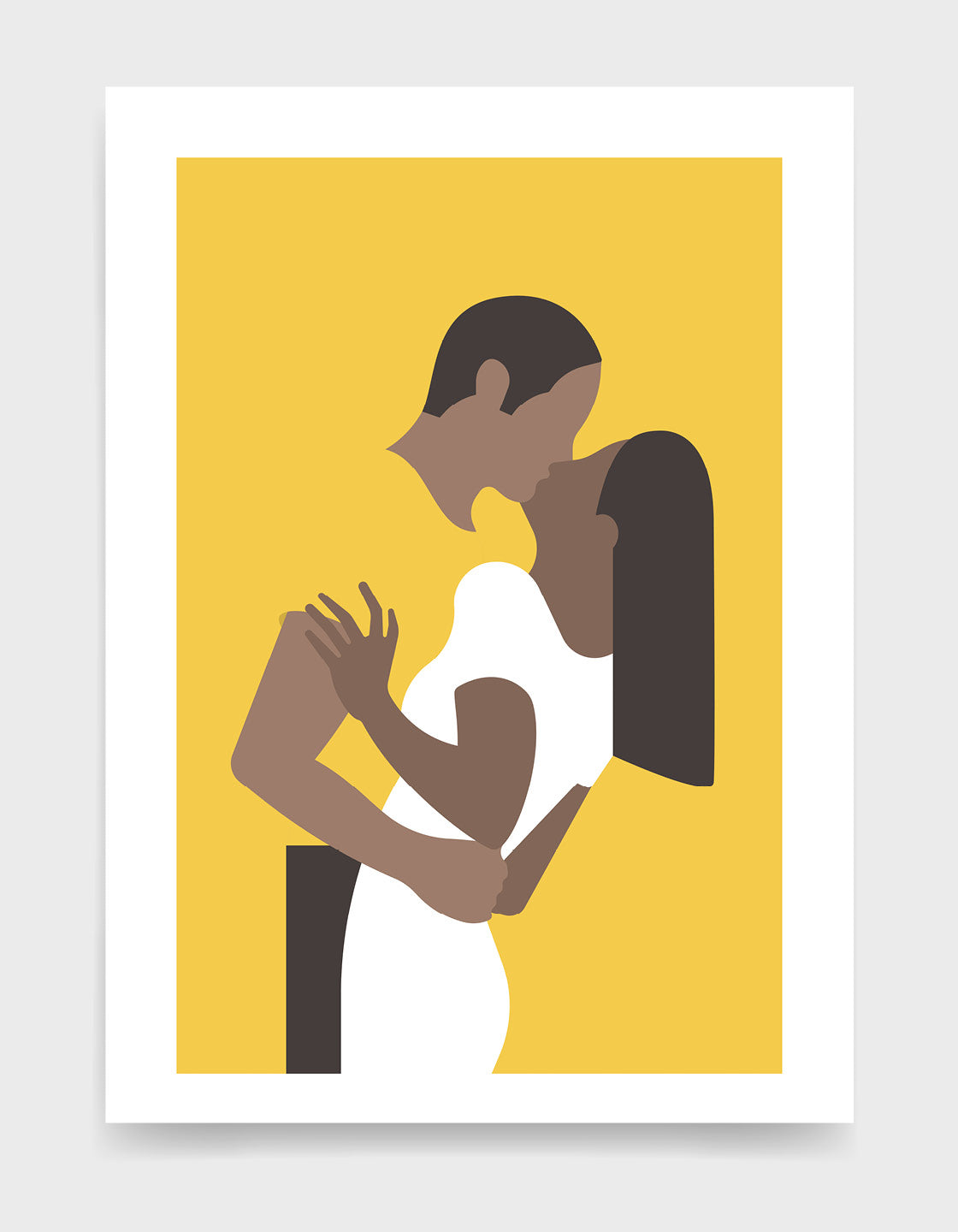 Minimalistic print of a kissing couple in white and yellow, perfect for home decor.