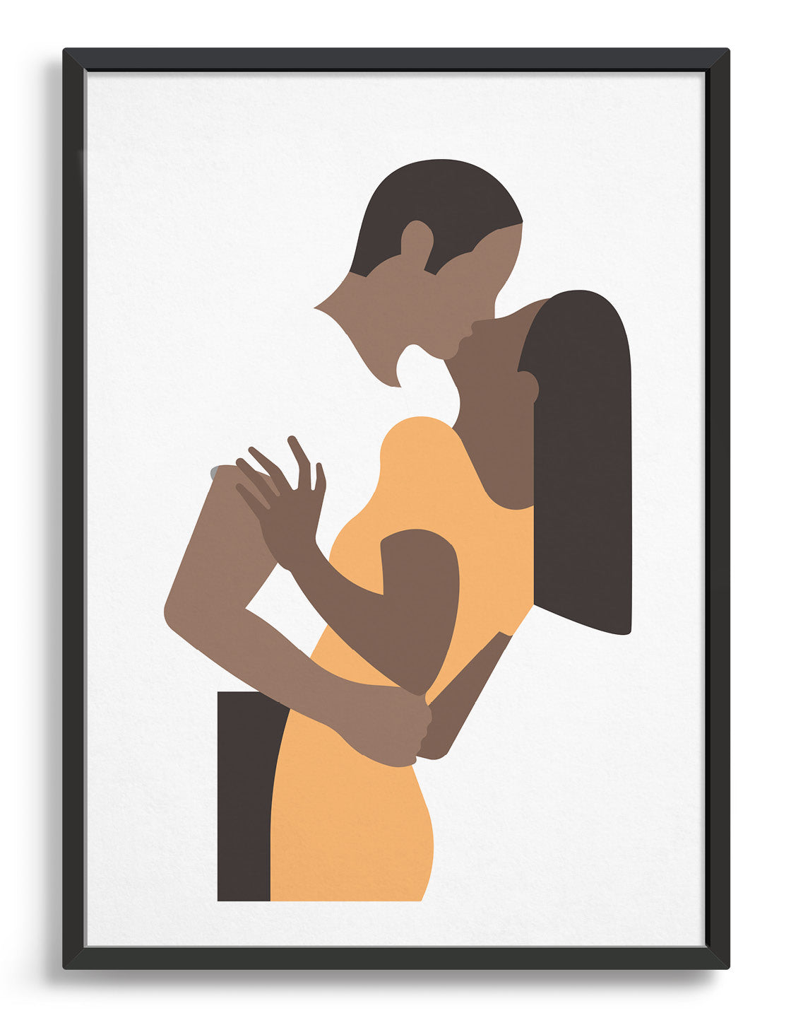 Minimalistic print of a kissing couple in white and yellow, perfect for home decor.