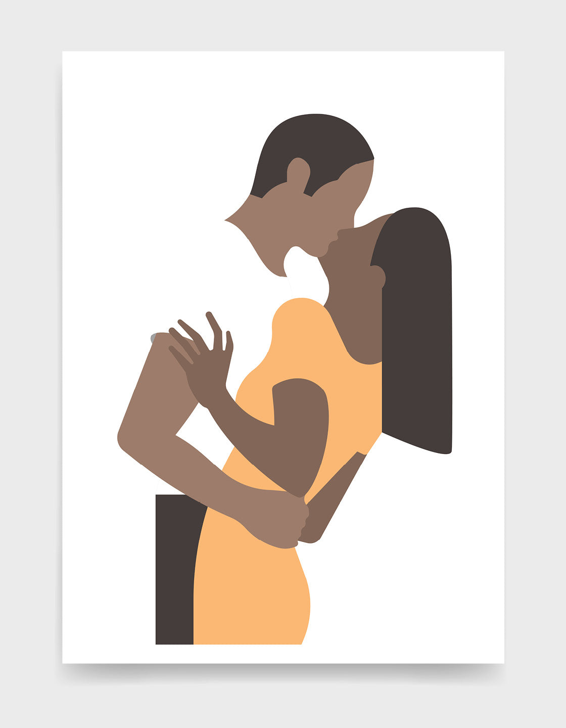 Minimalistic print of a kissing couple in white and yellow, perfect for home decor.