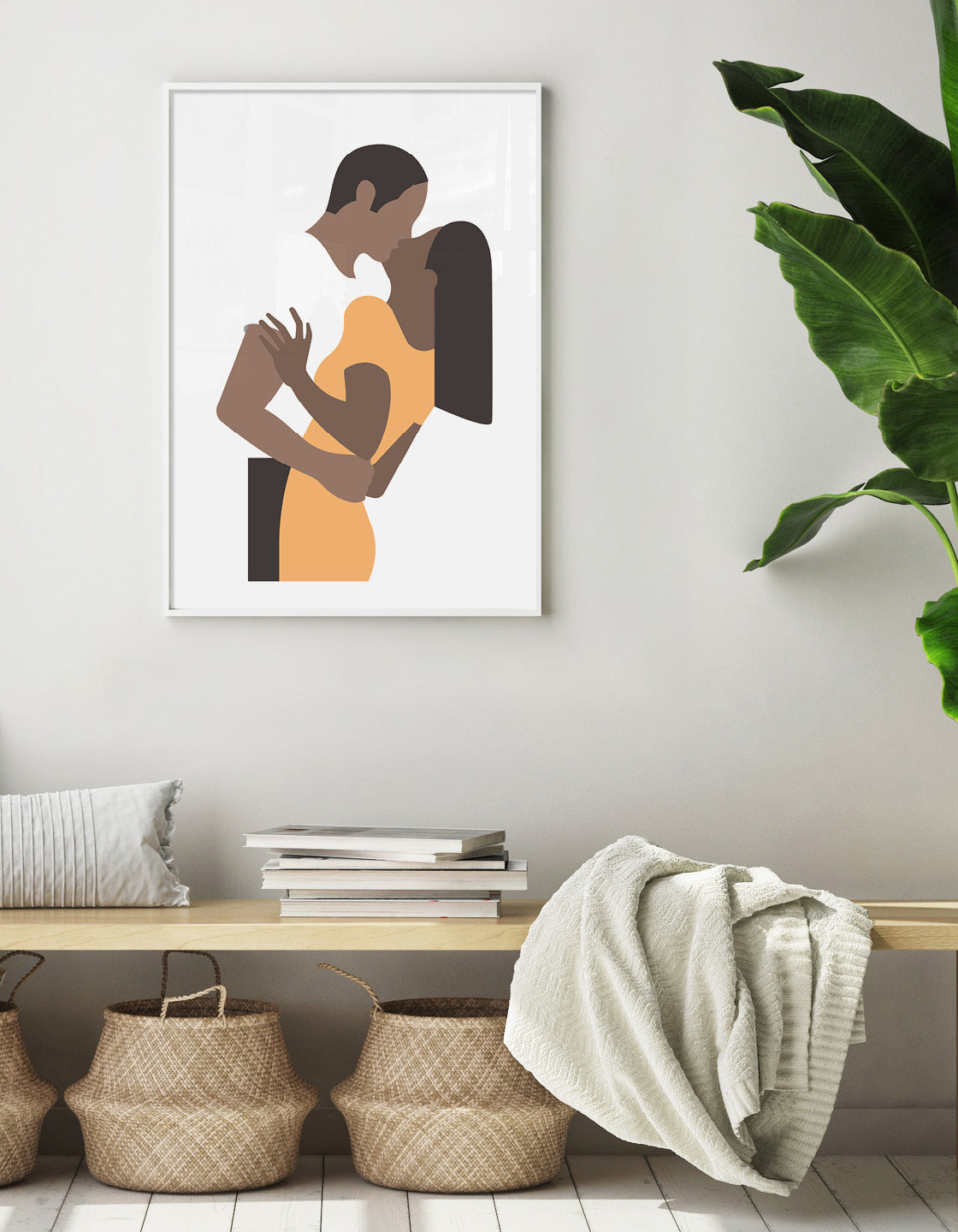 Minimalistic print of a kissing couple in white and yellow, perfect for home decor.