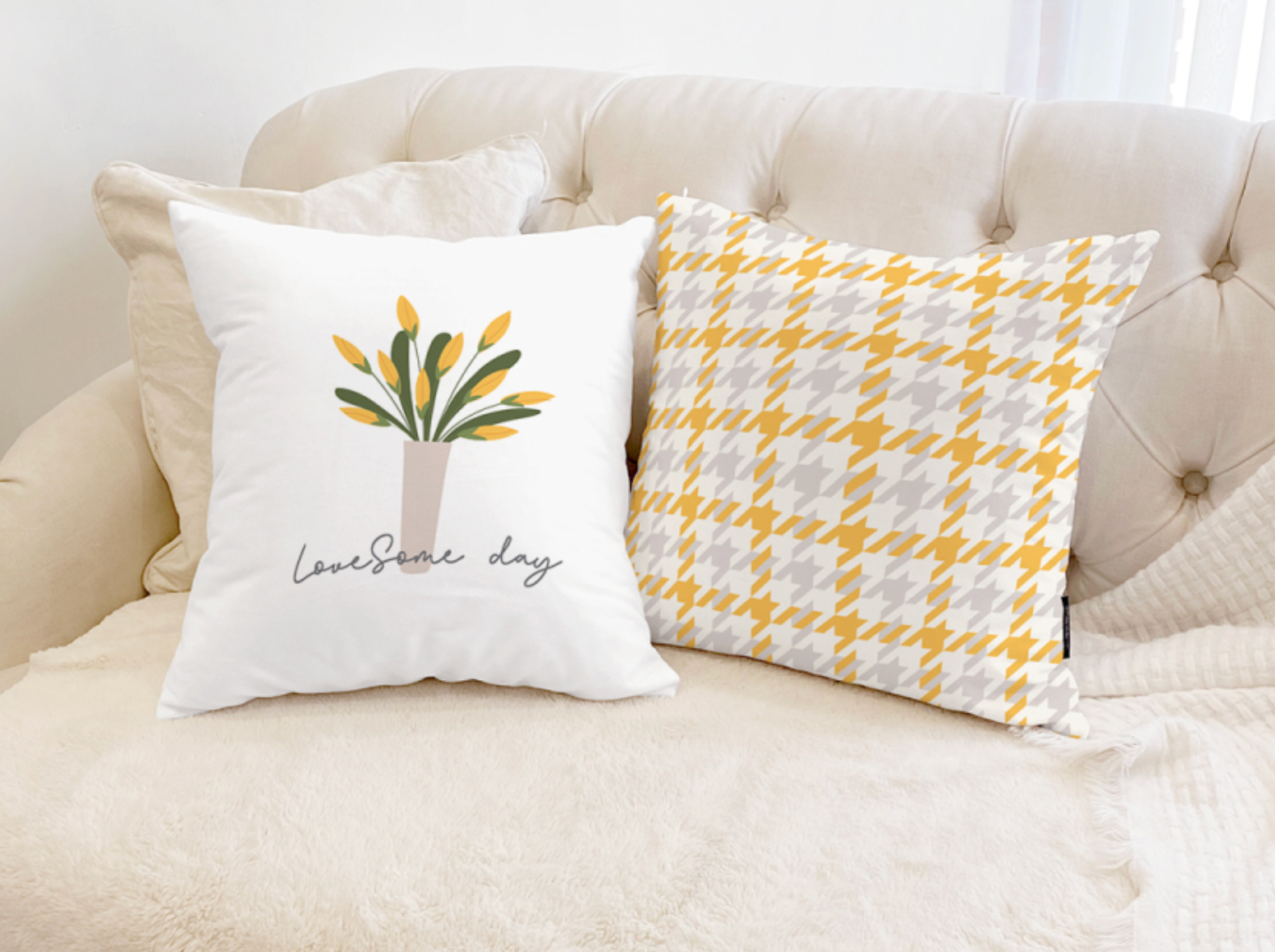 Lovesome Day double-sided cushion showcasing its stylish design and high-quality microfibre material.