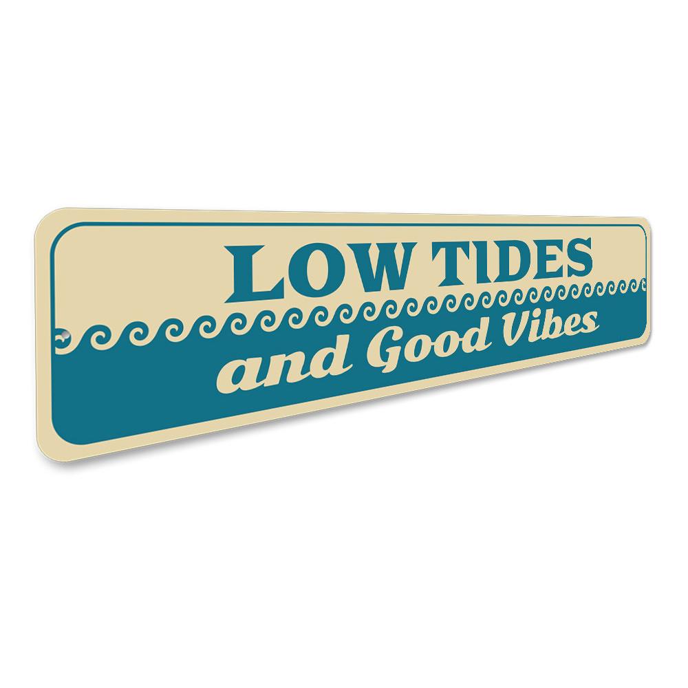 Low Tides and Good Vibes decorative metal sign, featuring a coastal theme with vibrant colors, perfect for home decor.