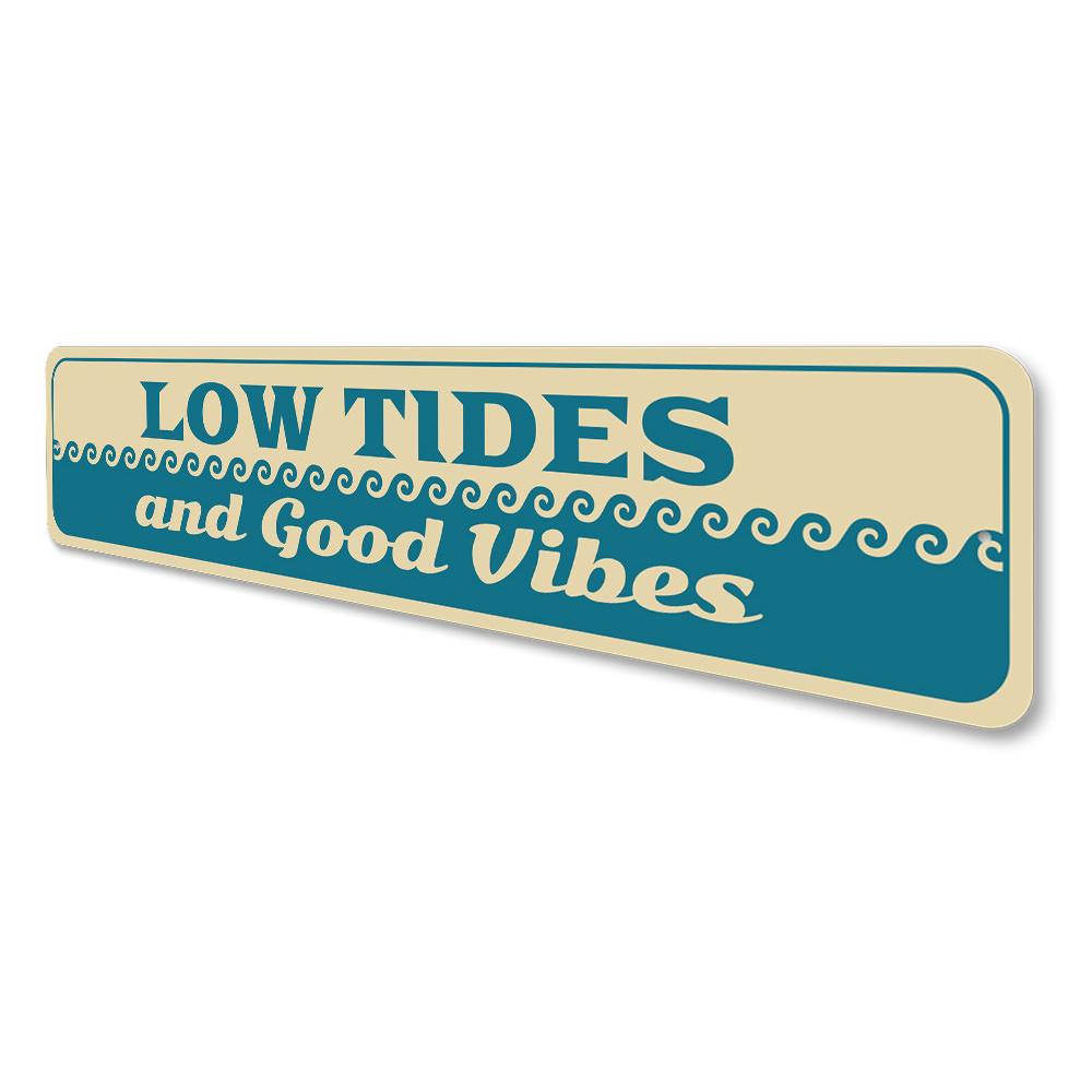 Low Tides and Good Vibes decorative metal sign, featuring a coastal theme with vibrant colors, perfect for home decor.