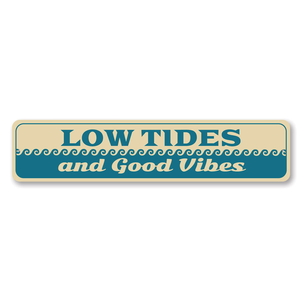 Low Tides and Good Vibes decorative metal sign, featuring a coastal theme with vibrant colors, perfect for home decor.