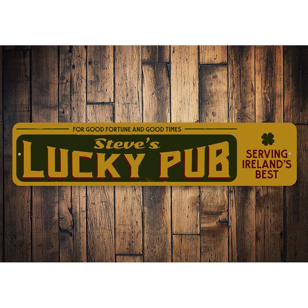 Lucky Irish Pub Sign made of high-quality aluminum, featuring customizable text and pre-drilled holes for easy mounting.