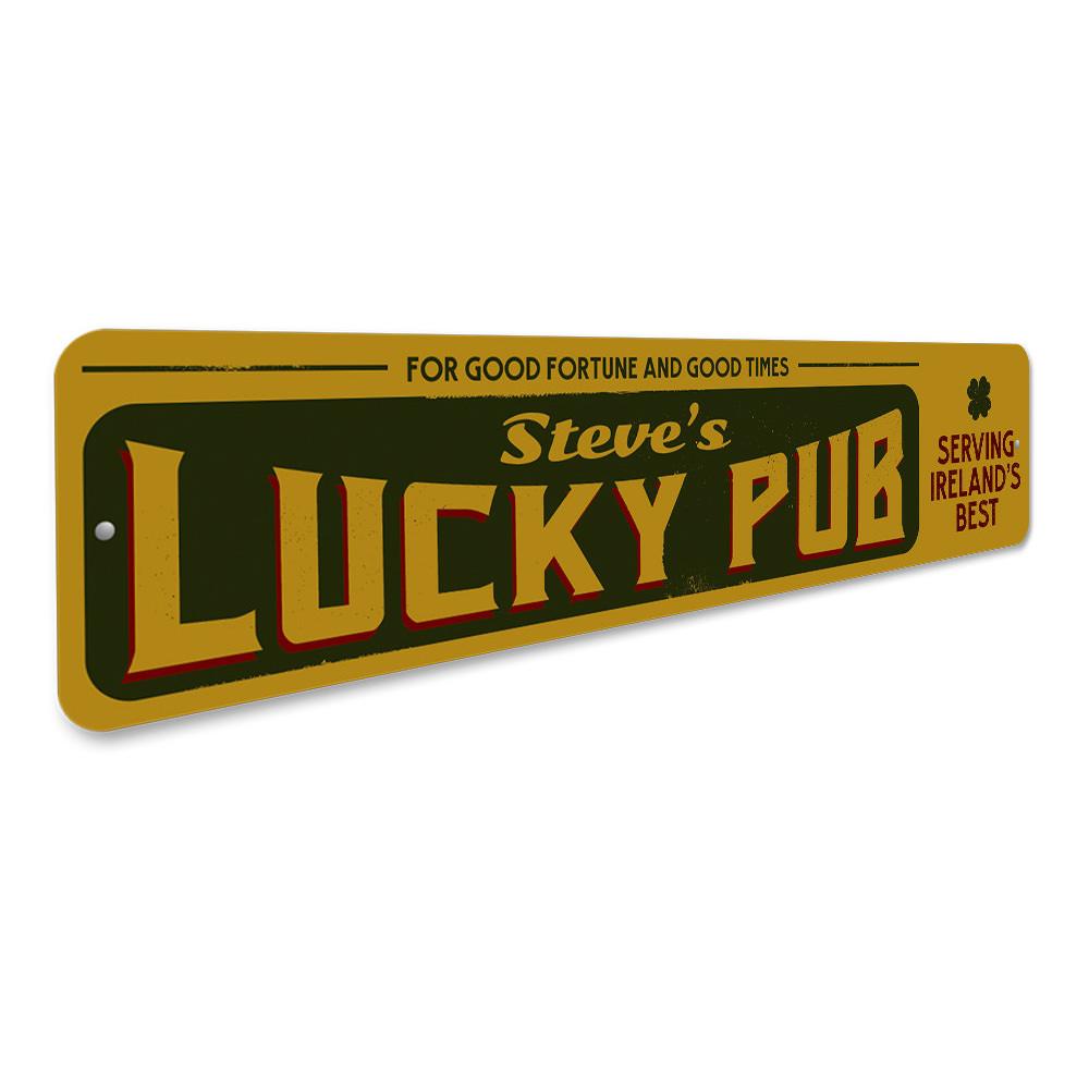 Lucky Irish Pub Sign made of high-quality aluminum, featuring customizable text and pre-drilled holes for easy mounting.