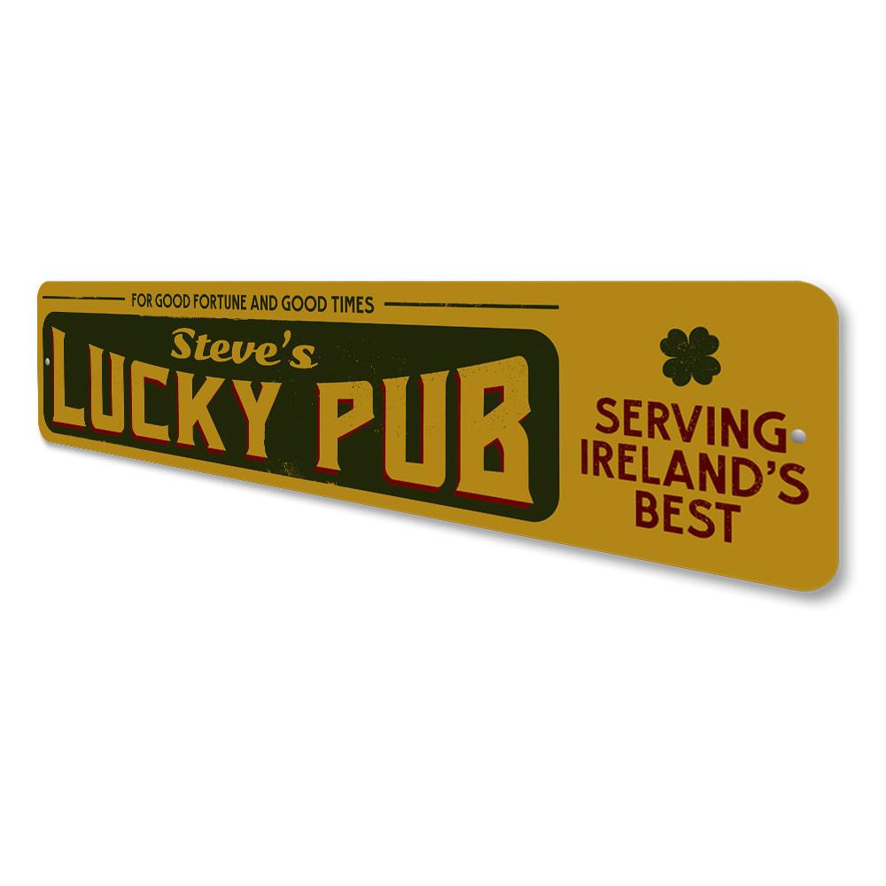 Lucky Irish Pub Sign made of high-quality aluminum, featuring customizable text and pre-drilled holes for easy mounting.