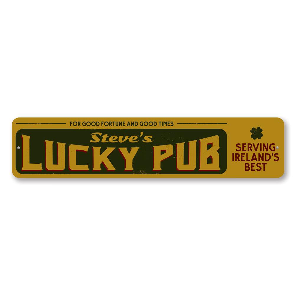 Lucky Irish Pub Sign made of high-quality aluminum, featuring customizable text and pre-drilled holes for easy mounting.