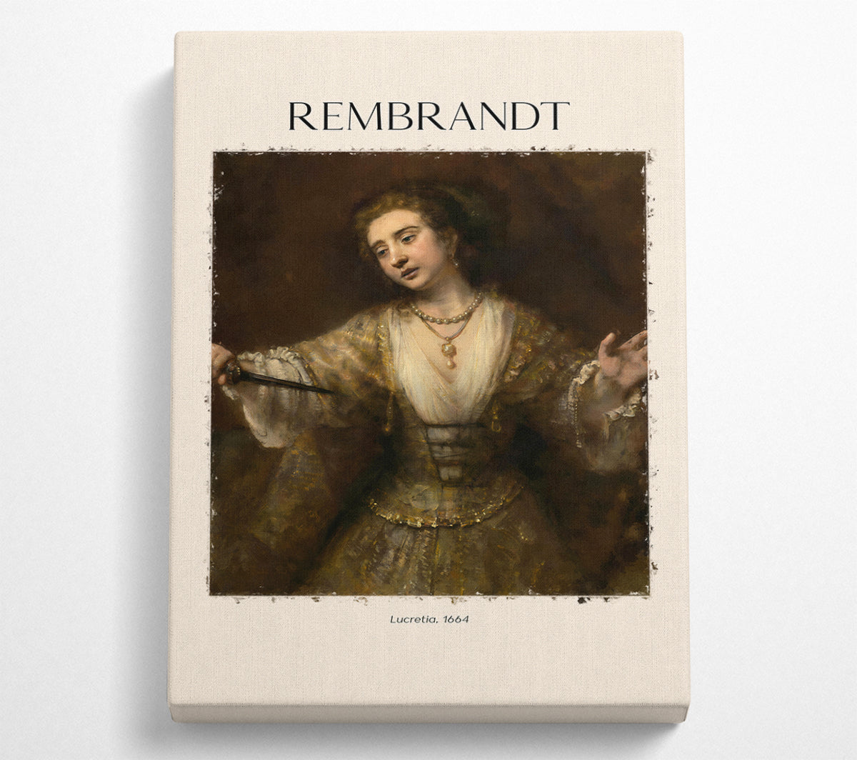 Canvas print of Lucretia. 1664 by Rembrandt, mounted on a box frame, showcasing intricate details and vibrant colors.