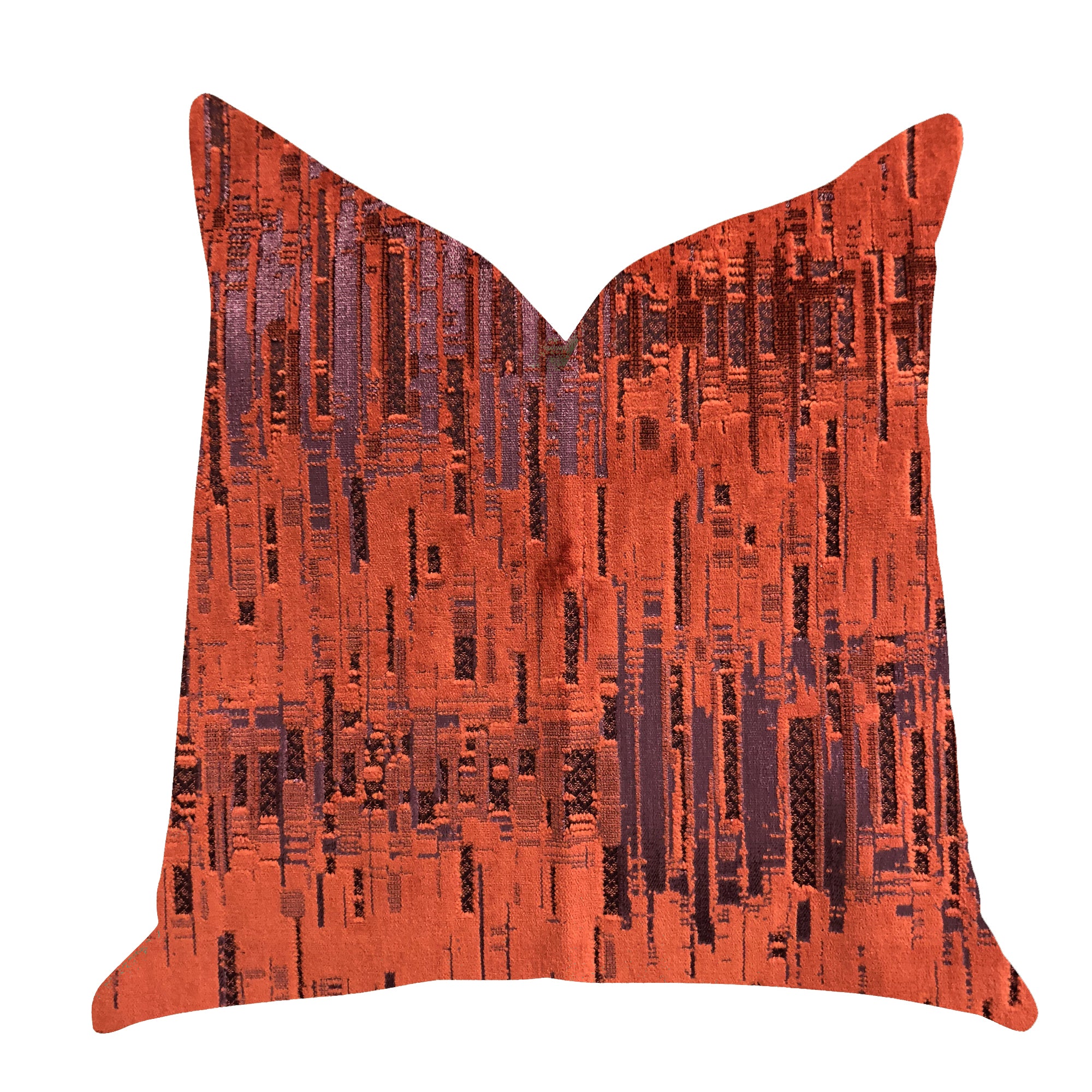 Luminous Skyscraper Luxury Throw Pillow featuring vibrant orange and red tones, showcasing a double-sided design with an invisible zipper.