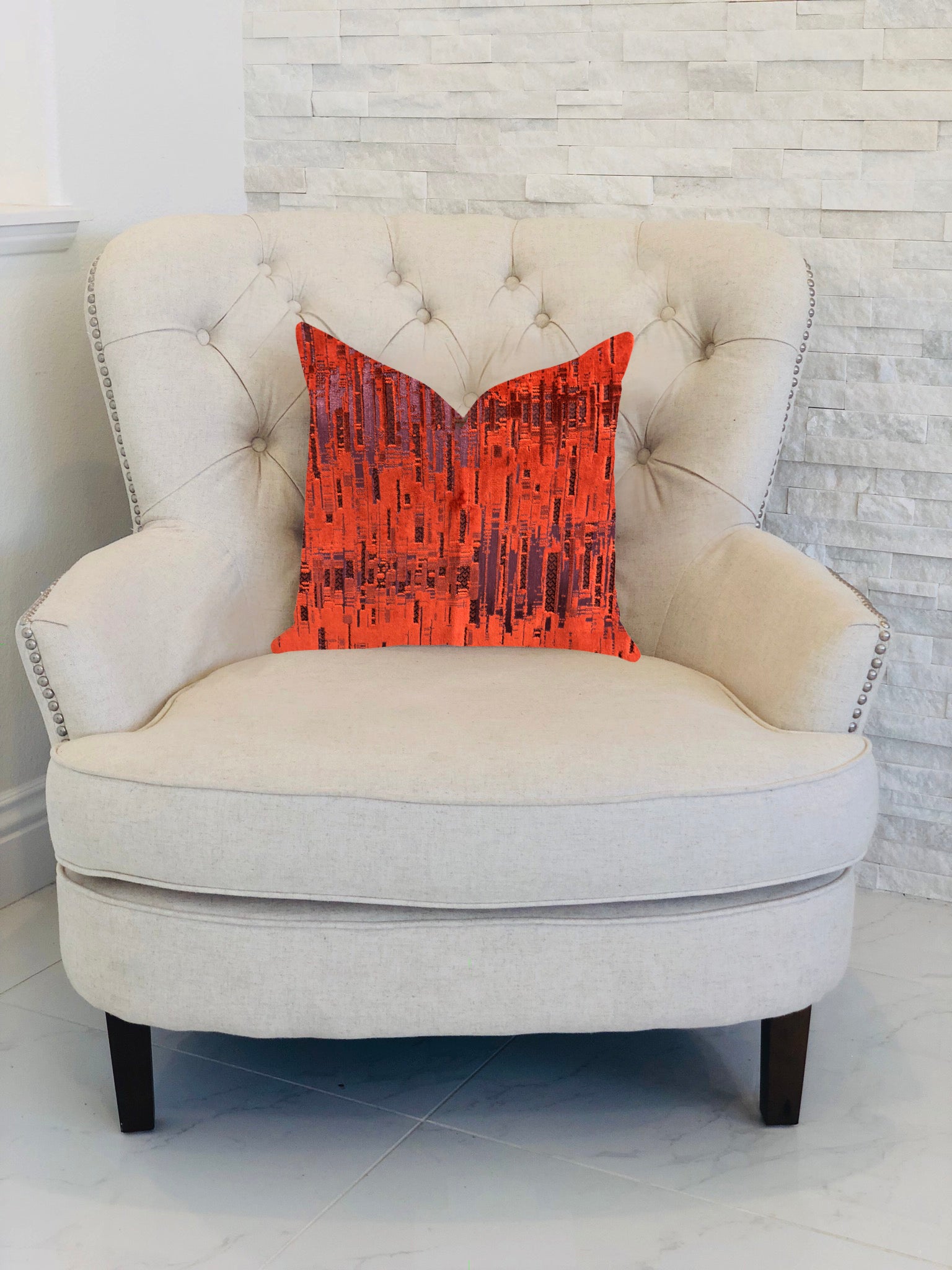 Luminous Skyscraper Luxury Throw Pillow featuring vibrant orange and red tones, showcasing a double-sided design with an invisible zipper.