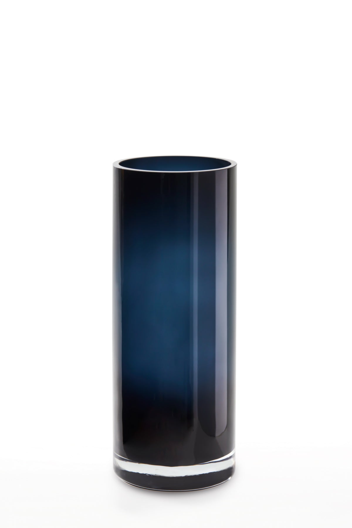 Luxury Classic Cylindric Vase ENVIE 38 in Ink Blue, made of 9mm thick glass, showcasing its elegant cylindrical shape and rich color.