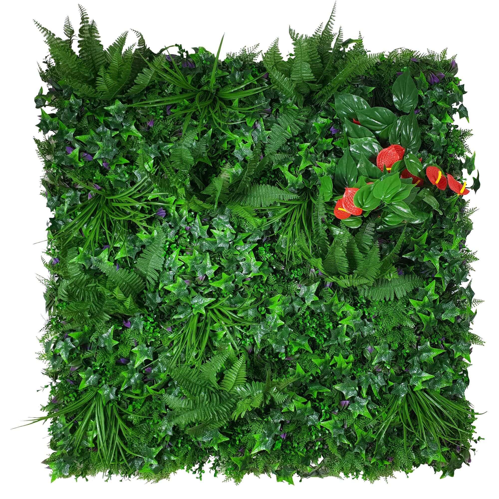 A vibrant 1m x 1m artificial vertical garden featuring red anthurium flowers and lush green foliage, perfect for indoor and outdoor decoration.