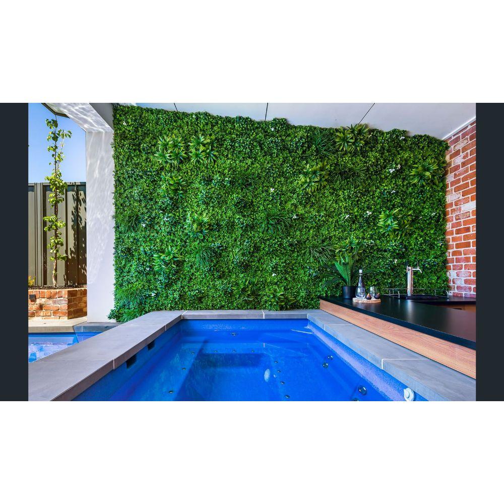 Luxury Green Sensation Artificial Vertical Garden Wall Panel showcasing a blend of grasses, ferns, and succulent-like stems, perfect for indoor and outdoor use.