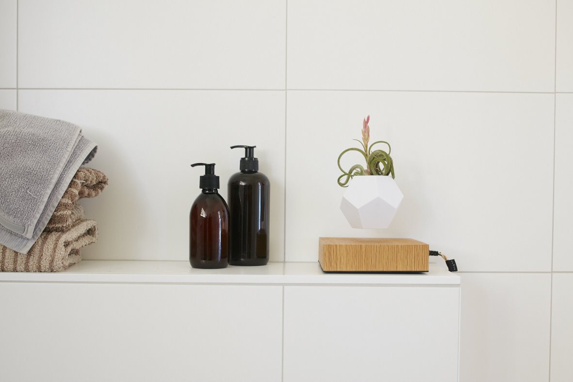 Lyfe Planter showcasing a 12-sided geodesic design, levitating a plant above an oak base, with a modern and tactile silicon finish.