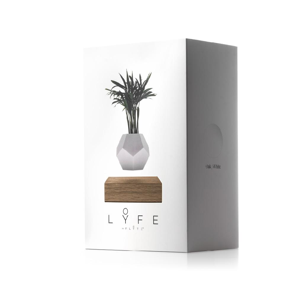 Lyfe Planter showcasing a 12-sided geodesic design, levitating a plant above an oak base, with a modern and tactile silicon finish.