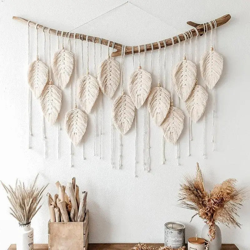 Handmade Macrame Wall Hanging Leaf Tapestry in beige, showcasing intricate leaf design and bohemian style.