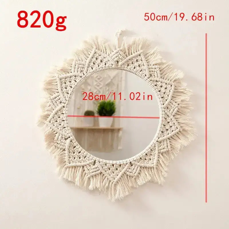 A beautifully crafted round macrame wall mirror wrapped in soft cotton rope, showcasing intricate details and a boho style.