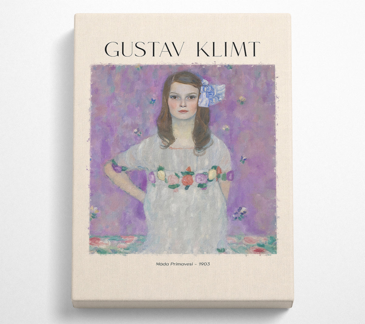 Mäda Primavesi - 1903 by Gustav Klimt, a vibrant canvas print mounted on a 44mm box frame, showcasing intricate patterns and colors.