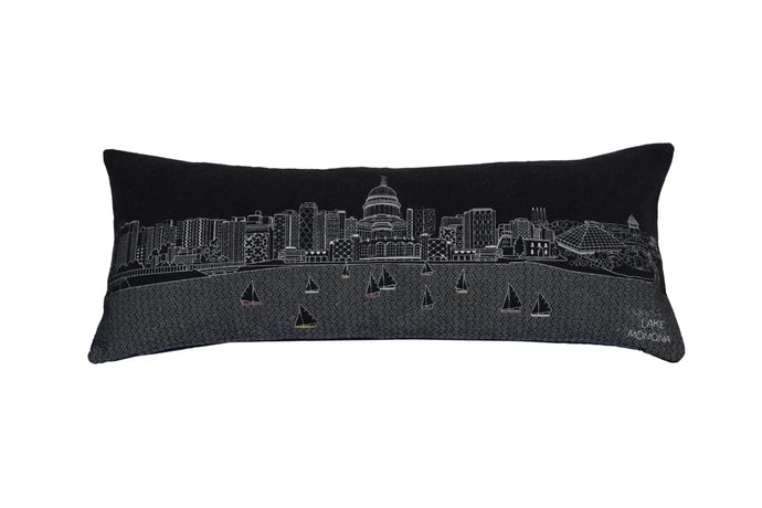 Madison, WI Pillow featuring iconic city landmarks in vibrant graphics with a red zipper.