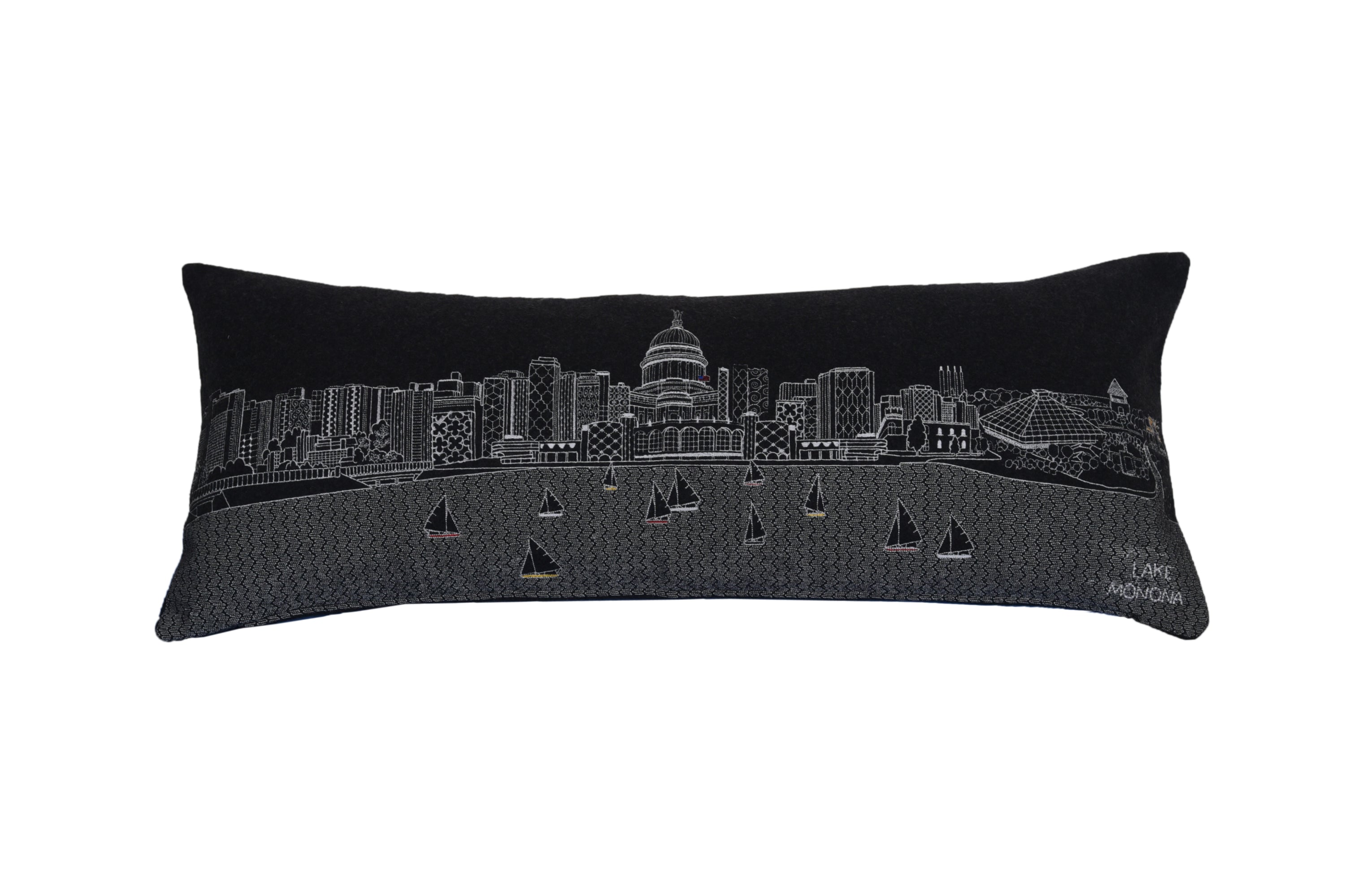 Madison, WI Pillow featuring iconic city landmarks in vibrant graphics with a red zipper.