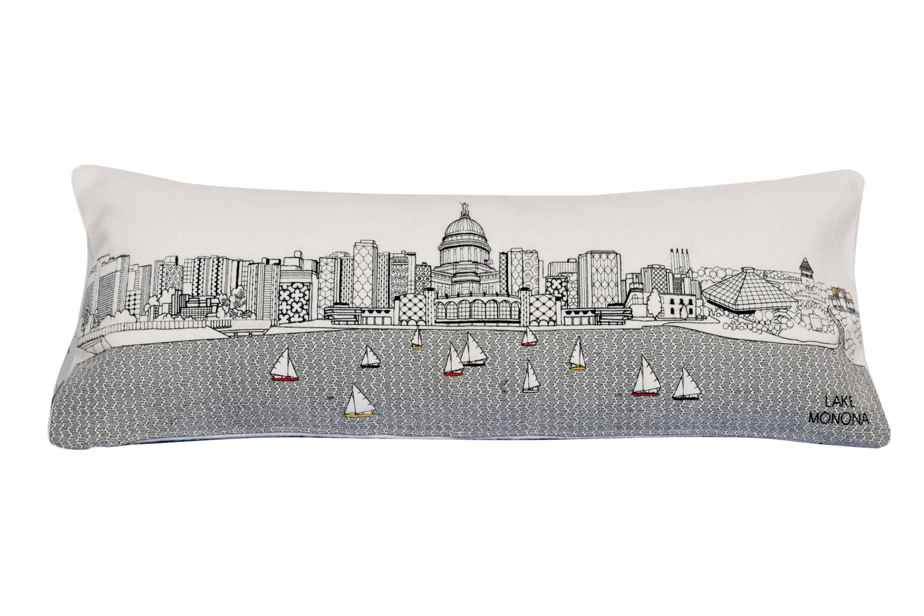 Madison, WI Pillow featuring iconic city landmarks in vibrant graphics with a red zipper.