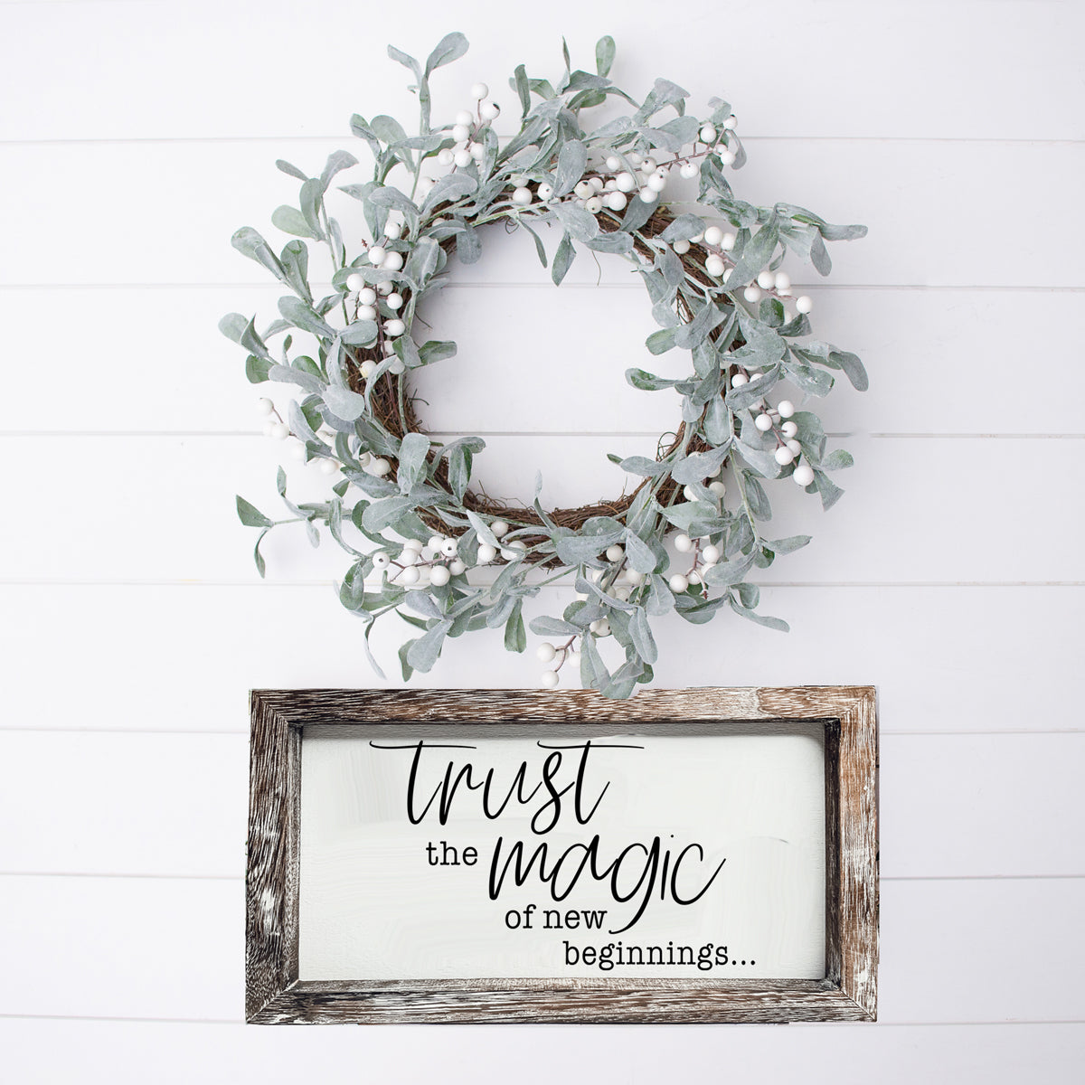 A stylish wooden sign featuring the quote 'Trust in the Magic of New Beginnings', crafted from durable Paulownia wood.