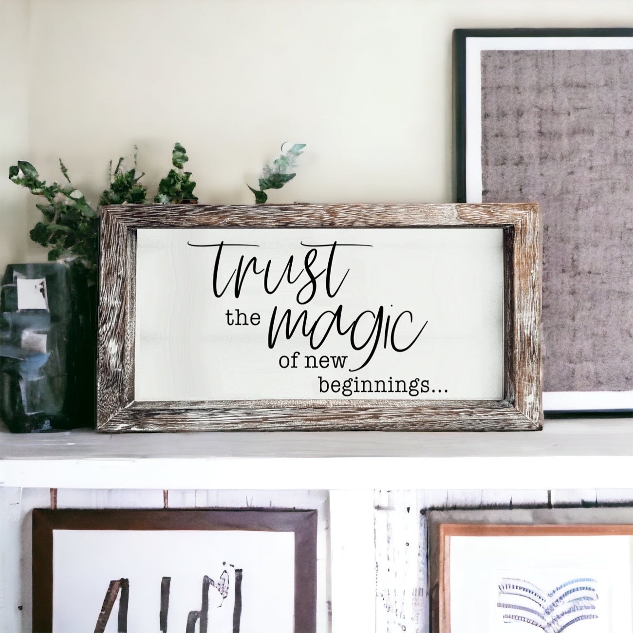 A stylish wooden sign featuring the quote 'Trust in the Magic of New Beginnings', crafted from durable Paulownia wood.