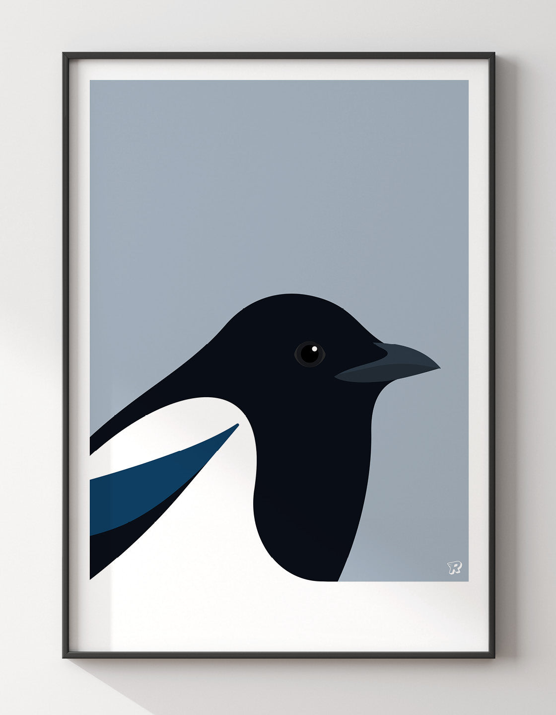 A minimalist art print featuring a Magpie, showcasing its elegant form and striking colors against a neutral background.