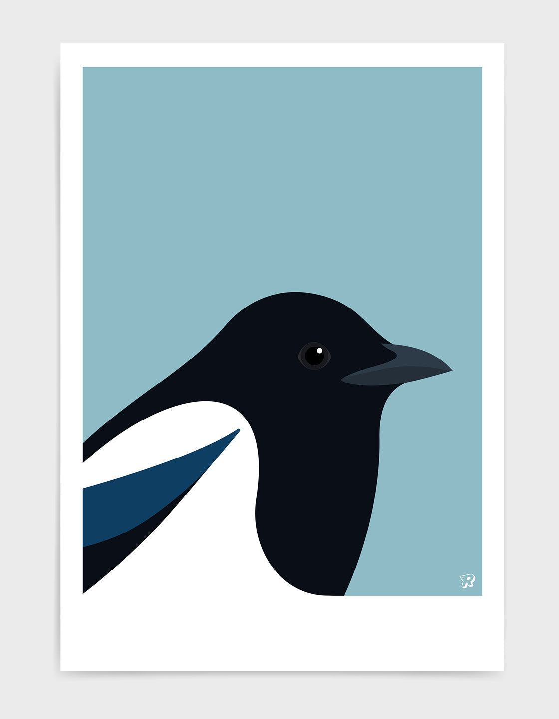 A minimalist art print featuring a Magpie, showcasing its elegant form and striking colors against a neutral background.