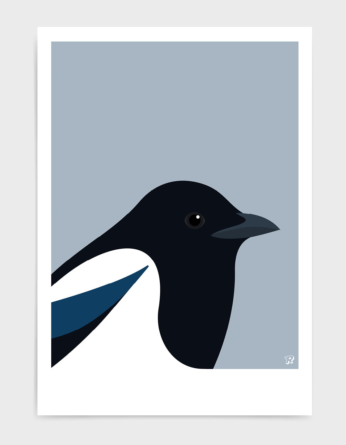 A minimalist art print featuring a Magpie, showcasing its elegant form and striking colors against a neutral background.